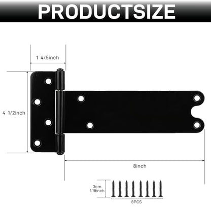 2 Pack 8” Heavy Duty Gate Hinges,300 Lbs Capacity Black Door Hinges | T Gate Hinges, Wrought Hardware for Wooden Fences, Barn Door, Screws Included (8 inches - 2 Pack) -Patent Pending - size: 8 inches - 2 Pack