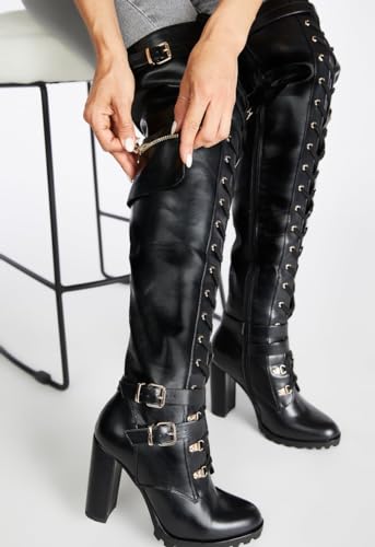 Yishaweiqi Buckle Strap Wide Calf Thigh High Boots for Women Chunky Block High Heel Over The Knee Boots Lace up Riding Combat Boots Ladies Side Zipper Tall Long Boots - color: Black, size: 11