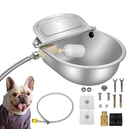Automatic Pet Water Bowl with Float Valve, 304 Stainless Steel, Includes Bowl, Valve, 40" Hose, Adapters, Bolts, Wrench, Fits 1/2" & 3/4" Faucets, for Dogs/Livestock, Drain Hole