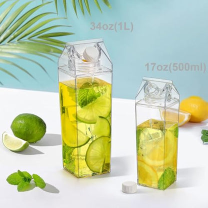 yarlung 6 Pack Milk Carton Water Bottle, 17 Oz Clear Plastic Milk Box Portable Square Juice Bottle for Outdoor Sports Travel Camping
