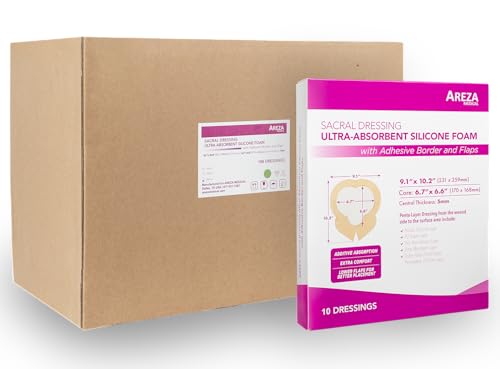 Areza Medical - Silicone Foam with Super-Absorbent Layer - Wound Dressing - Waterproof - with Adhesive Border - Sterile - for Sacral Wounds - 9.1" x 10.2" - 10/Box - 10 Boxes (Total of 100 PCS) - size: 9.1" x 10.2" - 100 PCS