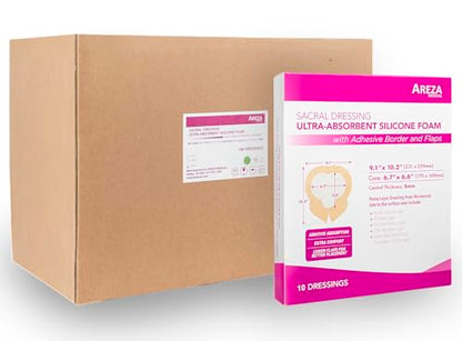 Areza Medical - Silicone Foam with Super-Absorbent Layer - Wound Dressing - Waterproof - with Adhesive Border - Sterile - for Sacral Wounds - 9.1" x 10.2" - 10/Box - 10 Boxes (Total of 100 PCS) - size: 9.1" x 10.2" - 100 PCS