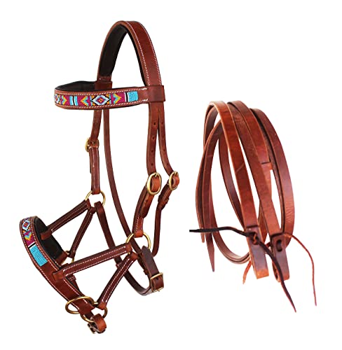 CHALLENGER Horse Western Black Leather Beaded Bitless Padded Sidepull Bridle w/Reins 77RS15 - color: Tan/Beaded