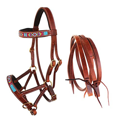 CHALLENGER Horse Western Black Leather Beaded Bitless Padded Sidepull Bridle w/Reins 77RS15 - color: Tan/Beaded