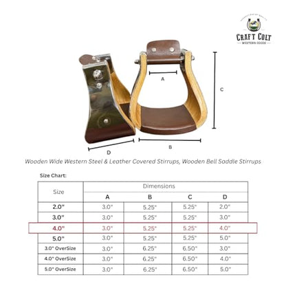 Western Saddle Stirrups, Set of 2, Wide Bell Wood & Steel, 4" - size: Size: 4.0"
