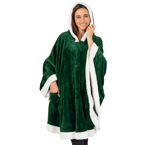 PAVILIA Hooded Blanket Poncho for Women, Fleece Wearable Shawl Wrap, Green | Fleece Shawl Wrap with Hood, Adult Wearable Blanket, Cozy Warm Poncho Cape Throw with Pockets, Gift for Elderly Mom - color: Green