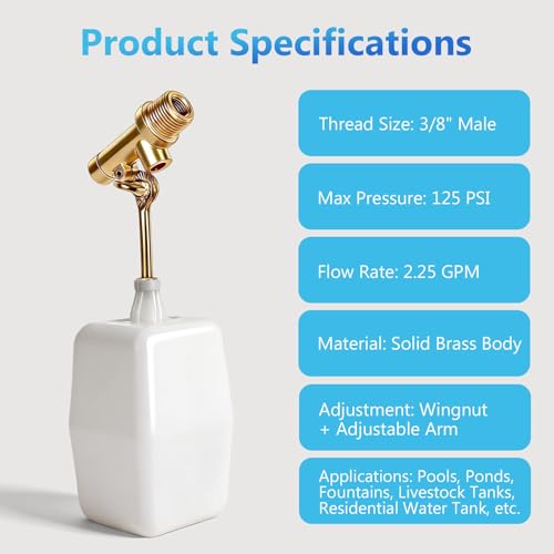 3/8" Water Float Valve, Heavy Duty 125 PSI Water Level Controller with Brass Adjustable Arm & Wingnut, 2.25 GPM Flow Pool Auto Fill Float Valve for Pools, Ponds, Fountains & Livestock Water Tanks