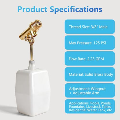 3/8" Water Float Valve, Heavy Duty 125 PSI Water Level Controller with Brass Adjustable Arm & Wingnut, 2.25 GPM Flow Pool Auto Fill Float Valve for Pools, Ponds, Fountains & Livestock Water Tanks