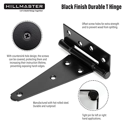 HILLMASTER 6 Inch T-Strap Heavy Duty Shed Door Hinges Gate Strap Hinges Black Tee Hinge Wrought Hardware for Wooden Fences,Yard,Barn Door,Rustproof(2 Pack) - size: 6in 2Pack
