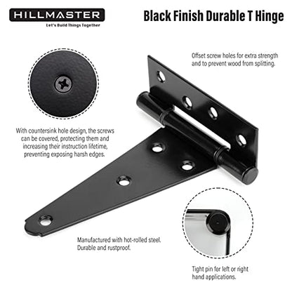 HILLMASTER 6 Inch T-Strap Heavy Duty Shed Door Hinges Gate Strap Hinges Black Tee Hinge Wrought Hardware for Wooden Fences,Yard,Barn Door,Rustproof (6 Pack) - size: 6in 6Pack