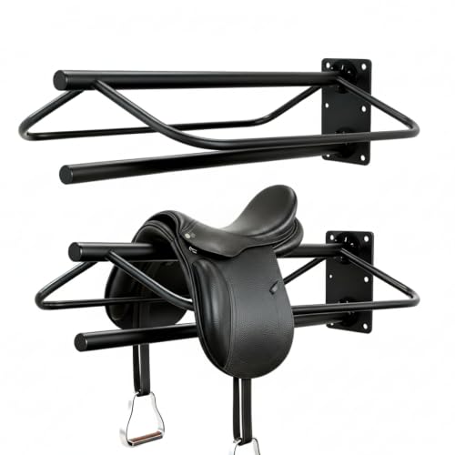 Wall Mounted Saddle Rack with Blanket Bar, Heavy Duty Metal Horse Saddle Stand for Western Saddles, Space Saving Tack Room Organizer for Barns, Stables & Trailers (1)