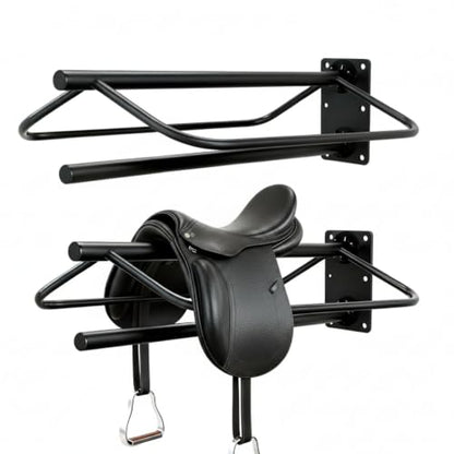Wall Mounted Saddle Rack with Blanket Bar, Heavy Duty Metal Horse Saddle Stand for Western Saddles, Space Saving Tack Room Organizer for Barns, Stables & Trailers (1)