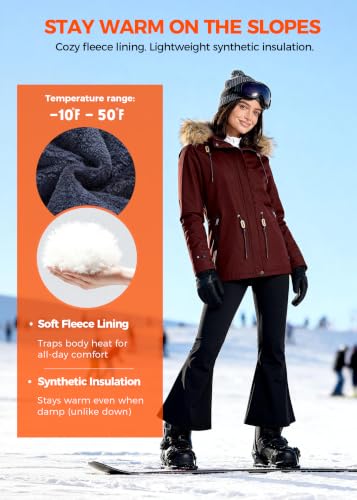wantdo Women's Waterproof Ski Jacket Warm Fleece Lined Snow Winter Coat - color: Wine Red, size: Medium