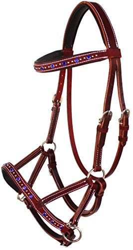 Horse Western Leather Beaded Bitless Sidepull Bridle Reins Rhinestone - color: Mahogany/Royal Blue