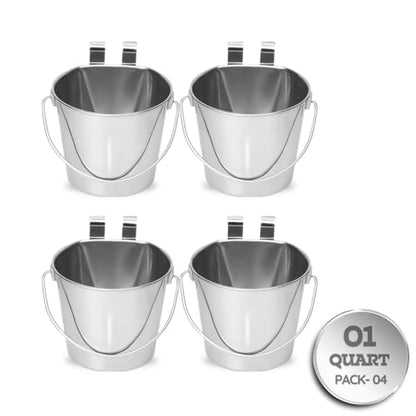 1 Quart Stainless Steel Flat Sided Bucket with Dual Hooks | 4 Pcs Durable Food & Water Bowl for Dog Cat Bird & Small Animals | Fits kennel Cage Crates Farm Hanging Pet Pail | Multipurpose - size: 1 Quart (Pack of 4)