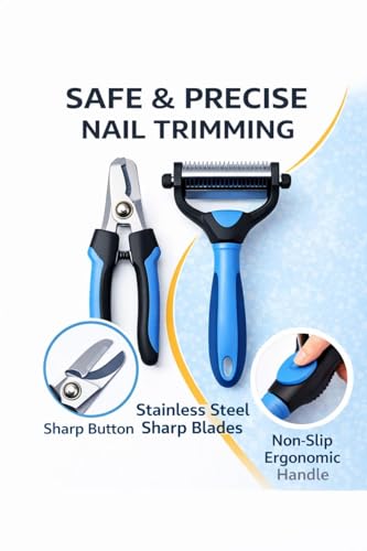 Dog Grooming Kit 6-in-1 for Dogs & Cats, Professional Pet Grooming Tools Set with Deshedding Rake, Slicker Brush, Bath Brush, Nail Clipper, Flea Comb & Grooming Comb for Shedding, & Daily Care