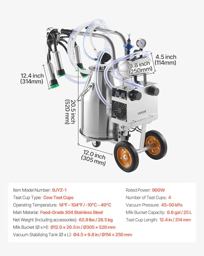VEVOR Electric Cow Milking Machine, 25 L, 304 Stainless Steel Bucket - size: 25L