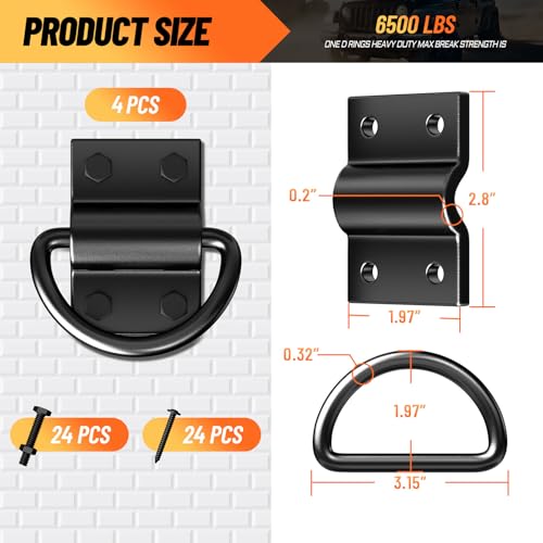 4PCS D Rings Heavy Duty Trailer Tie Down Anchor, Ultra Durable 6500LB Breaking Strength D Ring Tie Down for Truck Bed, Trailer, with Screws - size: 4 Pieces