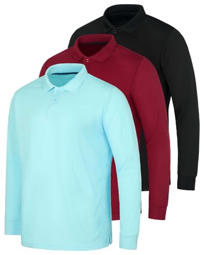 3 Pack Mens Long Sleeve Polo Shirts Dry Fit Golf Work Casual Collared Tops - color: Set 2, size: Small