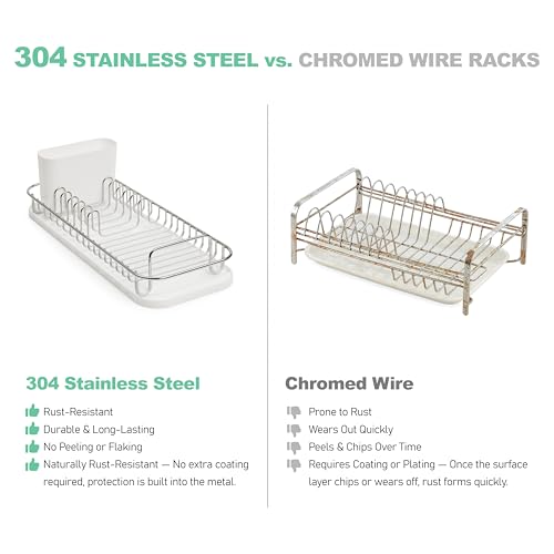 SunnyPoint 304 Stainless Steel NeverRust Compact Dish Drying Rack with Utensil Holder & Removable Drain Tray, Rustproof Small Dish Rack for Kitchen Countertop or Over Sink (Metallic Silver, Compact) - color: Metallic Silver