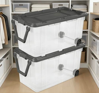 160 Quart Wheeled Stacker, Extra Large Durable Clear Bin, Latch Lid and Pull Handle, Gray, 2 Count