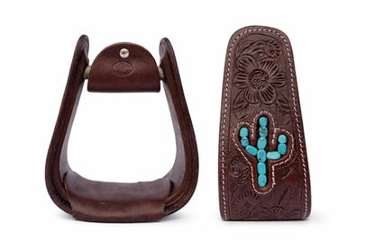 Horse Western Turquoise Cactus Tooled Leather Covered Saddle Stirrups 51238 - color: Brown Cactus