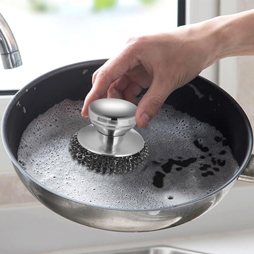 4Pcs Steel Wool Scrubber Set, Stainless Steel Scrubber with Stainless Steel Handle, for Cleaning Dishes, Cast Iron, Stock Pots, Pans, Griddles, Grills - color: Silver