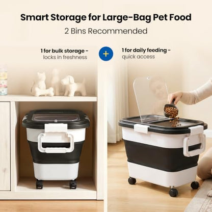 Dog Food Storage Container 15-25lbs, Airtight Pet Food Bin with Locking Lid & Clear Window, Collapsible Rolling Storage Container with Wheels & Scoop, Black - color: Black-M