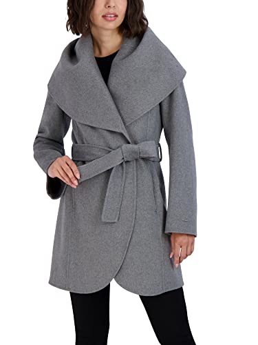 TAHARI Womens Double-faced Luxury Soft Wool Blend Peacoat Removable Belt Wool Coat Oversized Collar - color: Ash, size: Large
