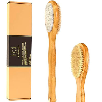 ICANdOIT 2 in 1 Long Handle Bath&Shower Brush,Bath Scrubber,Boar Bristle with Pumice Stone Exfoliate & Soften Skin,Dry Brushing Body Brush for Cellulite&Lymphatic Drainage
