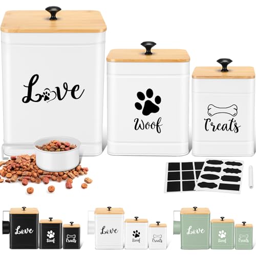 Jingmore Metal Dog Treat Containers Set of 3 with Bamboo Lids and Spoon Airtight 7+3+2 lbs Dog Food Snack Jars with DIY Labels Big Pet Cookie Storage Jar for Kitchen Counter(White,Modern) - color: White, style: Modern