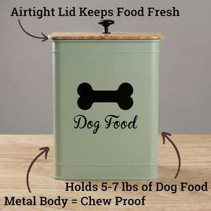 Metal Dog Food Container 5-7lb, 25 Cup w/ Airtight Bamboo Lid, Metal Handle - color: Sage Green: Bone