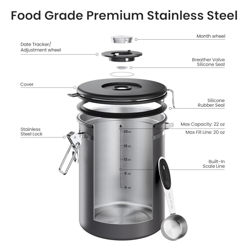 Veken Coffee Canister, Airtight Stainless Steel Food Storage Container,22OZ - color: Gray, size: 22 oz