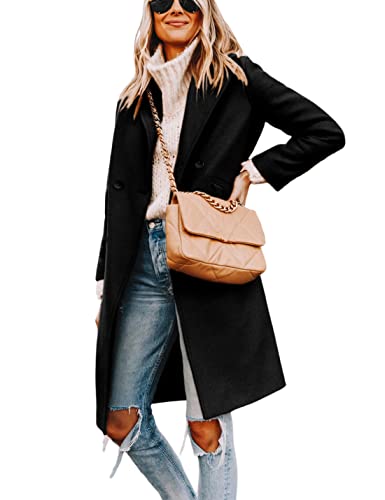 Women's Winter Wool Coat Casual Notch Lapel Single-Breasted Peacoat - color: Black, size: X-Small