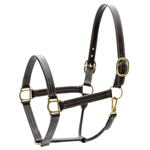 Jeffers Frankfort Triple Stitched Soft Leather Turnout Halter with Throat Snap for Horses - Adjustable Double Buckle Crown, Breakaway Ready Headcollar - size: Cob