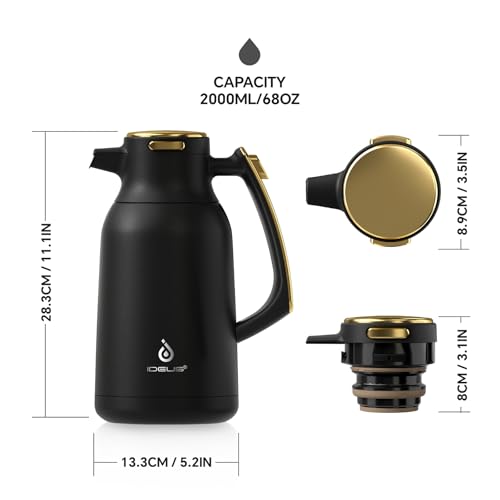 IDEUS Thermal Coffee Carafe 68oz, Beverage Dispenser Black-Gold | Stainless Steel Double Wall Vacuum Insulation Creamer Pitcher Water Jug Coffee Server, Coffee Carafe for Keeping Hot and Cold - color: Black-Gold, size: 68 Ounces