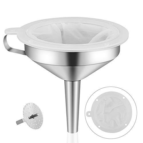 5-Inch Food Grade Stainless Steel Kitchen Funnel with 200 Mesh Food Filter Strainer for Transferring of Liquid Dry Ingredients and Metal Cooking Funnel - size: 1 Pack 5.5" + 200 Mesh Filter