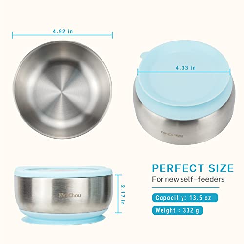 MR. CHOU Baby Bowls with Non-Slip Silicone Suction Cup, Insulated Double-Layer 18/8 Stainless Steel Toddler Bowls with BPA Free Airtight Lids, Food-Grade Silicone Safe for Kids (Blue) - color: Blue