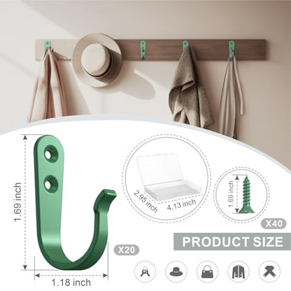 BREYDROK 20-Pack Coat Hooks for Hanging, Heavy Duty Green Metal Wall Hooks | Single Prong Hanging Hooks with Screws for Towels, Backpacks, Hats, Kitchen Hook - color: 20pcs + Mint Green