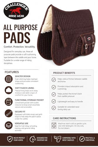 CHALLENGER Horse English Quilted Fleece Padded Dressage Saddle Pad with Pockets 72121-124 - color: Brown, size: 23" Spine x 22" Drop