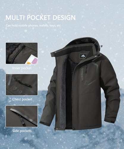 Men's Mountain Ski Jacket Winter Snow Coats Waterproof Warm Fleece Lining Jacket Parka with Hooded - color: Dark Gray, size: Small