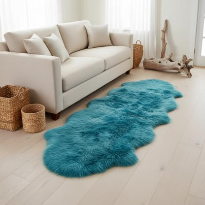 Premium Genuine Sheepskin Rug 2' x 6' Long Fur Soft & Natural Bedside Area Rug, Beach Blue, Double Pelt - color: Beach Blue, size: 2' x 6' (Natural)