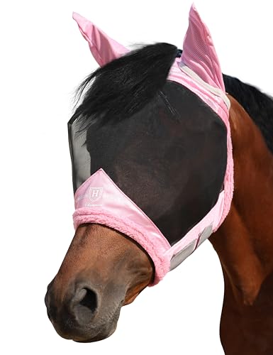 Harrison Howard Horse Fly Mask UV Protective Fine Mesh with Extra Wool Soft Touch on Skin Fly and UV Protection Light Pink-Black M - color: Light Pink-Black, size: M