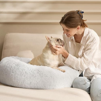 Bedsure Calming Cat Beds Donut Round Washable Kitten Bed,20 inches | Fluffy Faux Fur Cuddler,Anti-Slip Bottom,Anti-Anxiety,Deep Sleeping for Cats&Small Pets Up to 15 Lbs,Frost Grey - color: Frost Grey, size: 20"L x 20"W x 6"Th