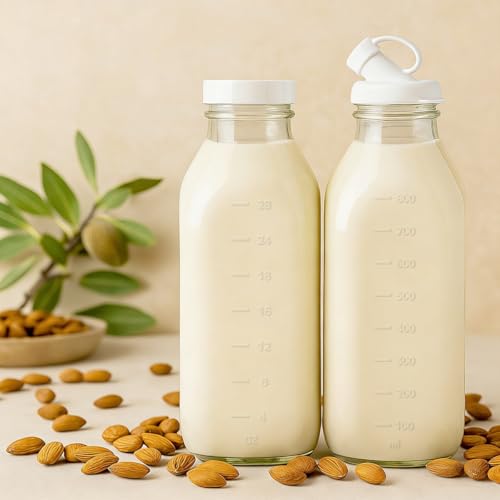 32 oz Reusable Glass Milk Bottles with Leak Proof Lid and Pour Dispenser
