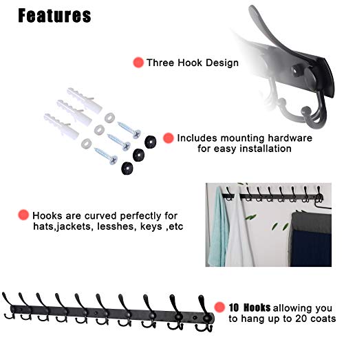 Dseap Coat Rack Wall Mount - 38” Long 10-Tri-Hooks Heavy Duty Coat Hanger Rail Wall Hooks for Hanging Coats Hats Clothing Clothes Purse Mudroom Entryway, Black, Pack of 2 - color: Black, size: L=38” (2 Pcs)
