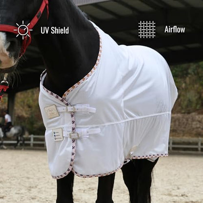 BARN & STABLE Breathable and UV Protective Tear-Resistant Mesh Horse Fly Sheet Comfy Equine Summer Sheet with Removable Web Leg Straps - color: White - Loose Fit, size: 75 in