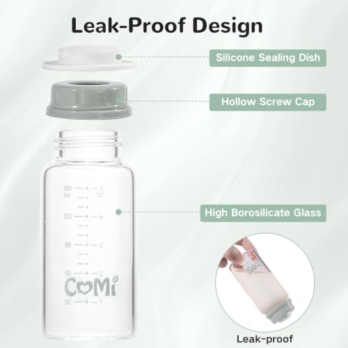 COMI Natural Glass Baby Bottle,Standard Neck Breastmilk Storage Bottle for Fridge,Breast Milk Container,Breast Pump Bottle Compatible with Medela Breast Pump,BPA Free,6PCS (5oz,6 Gray Lids) - style: 6Gray