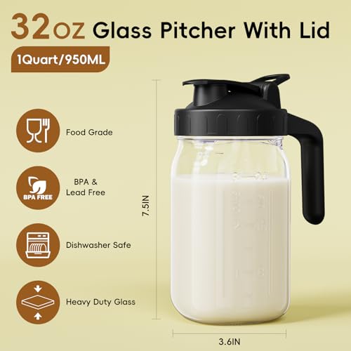 JunVpic Breast Milk Pitcher, 32 oz Wide Mouth Glass Mason Jar with Lid - color: Black, size: 32 Ounces