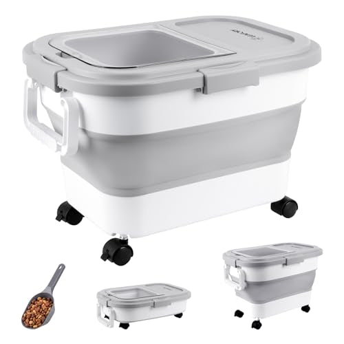 Dog Food Storage Container 15-25lbs, Airtight Pet Food Bin with Locking Lid & Clear Window, Collapsible Rolling Storage Container with Wheels & Scoop, Gray - color: Gray-M